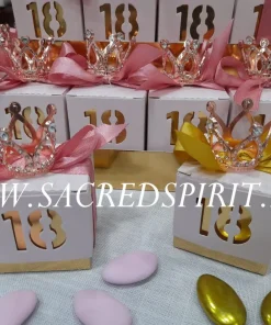 Bomboniere SCATOLINA PORTACONFETTI 18 ANNI Diciottesimo rosa e oro completa di CORONA PRINCIPESSA