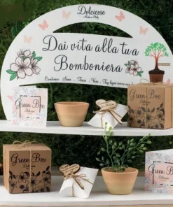 BOMBONIERA GREEN BOX: SCATOLA CON VASETTO E SEMI PER PIANTA TAG CUORE A SCELTA e PERSONALIZZAZIONE